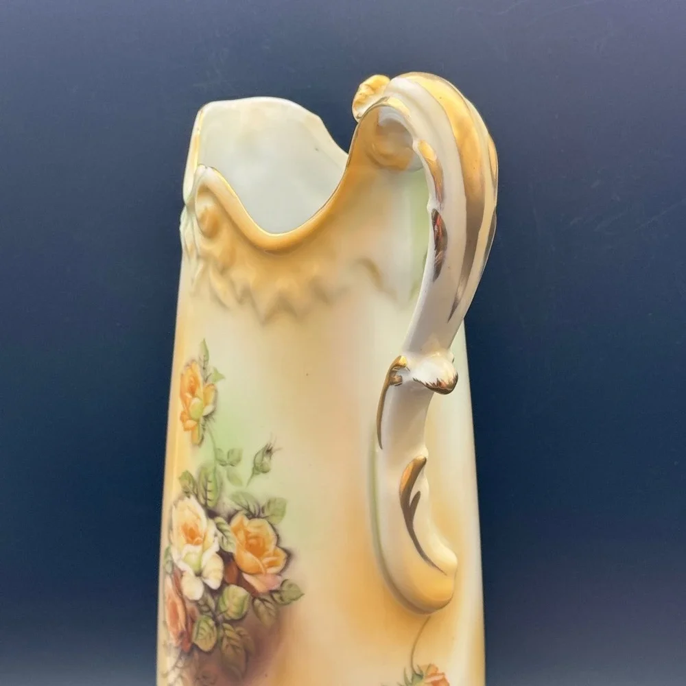 RS Wreath Stamp Porcelain Floral Chocolate‎ Set Pitcher & 5 Cups Gold Trim Roses